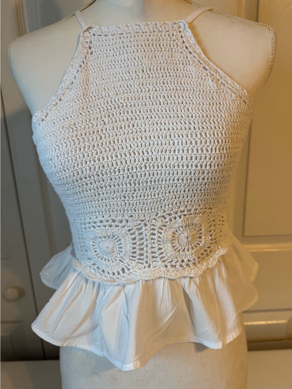 Rebellion White Crochet Halter Peplum Camisole